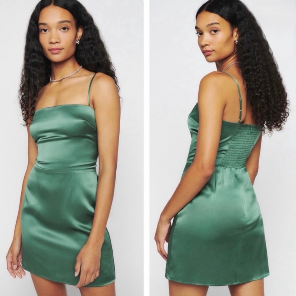 Reformation Kosta Silk Mini Dress Bottle Green Size 4 - Picture 16 of 16